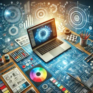 Creative workspace with graphic design tools and tech symbols representing why graphic design is important for tech startups