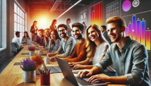 Happy employees in a tech startup demonstrating how to start a tech startup with a positive workplace culture.